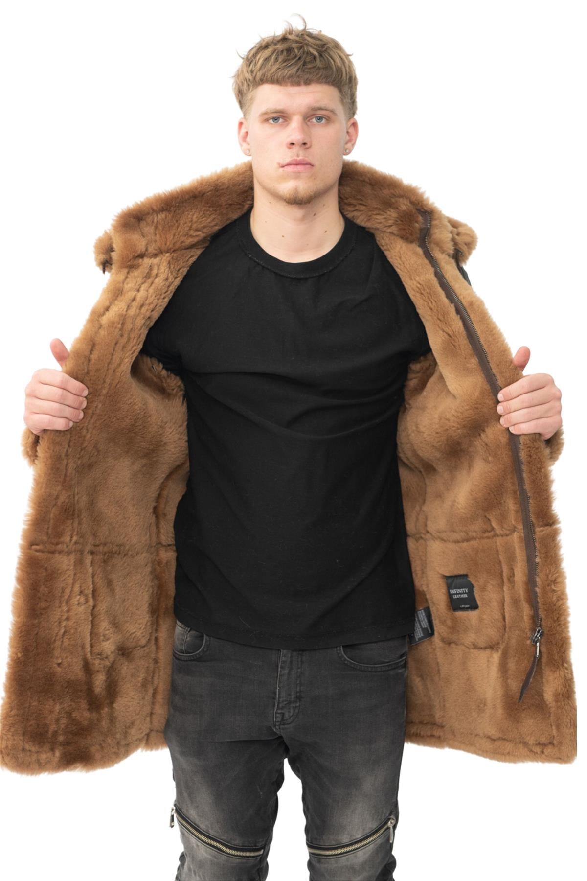 Mens Winter Sheepskin Hooded Duffle Coat-Isleworth