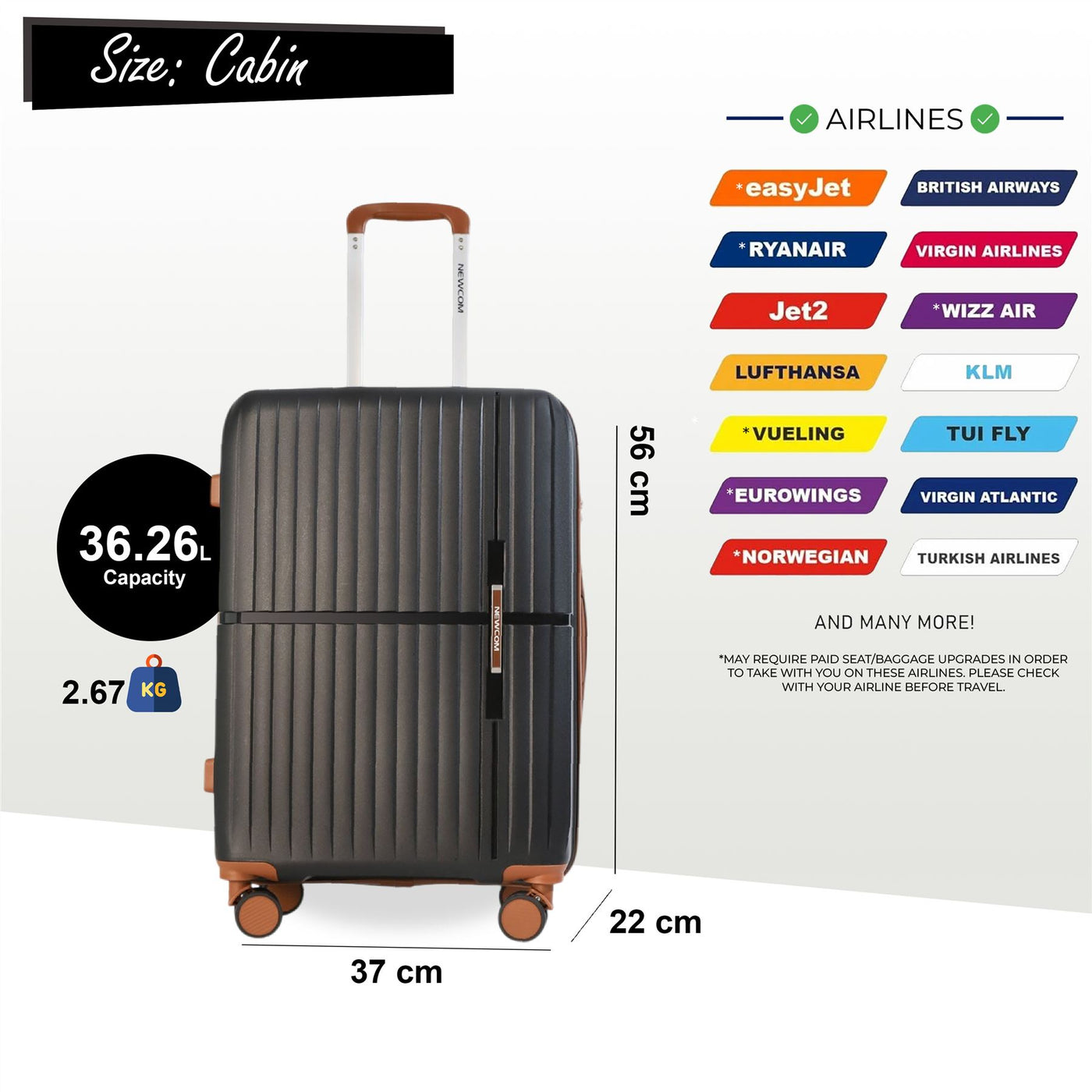 Hard Shell Cabin 37 x 22 x 56 cm PP Luggage Suitcase Suitable for Easyjet, Ryanair