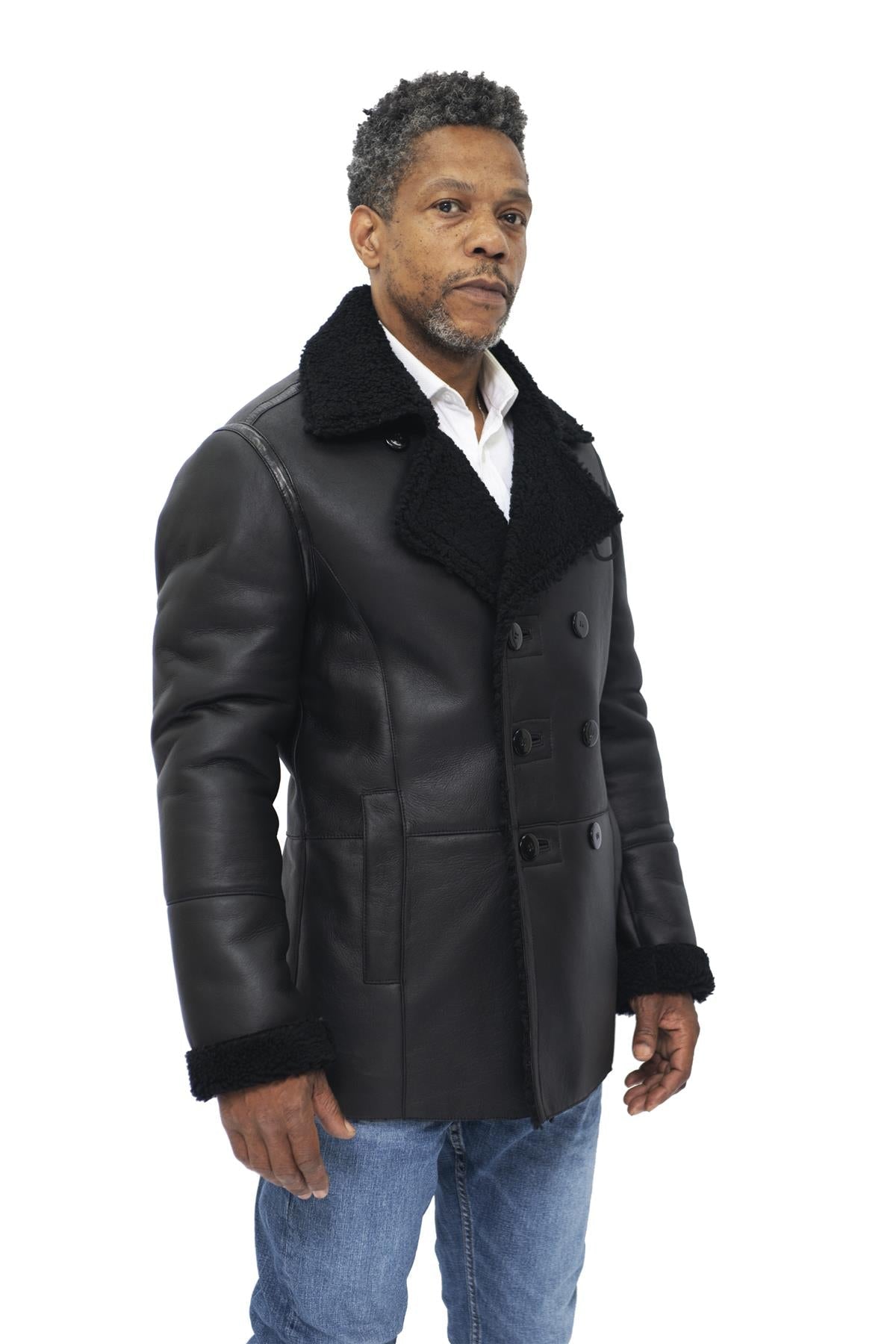 Mens Double Breasted Shearling Sheepskin Pea Coat-Kington