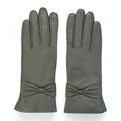 Womens Italian Leather Winter Bow Design Soft Wool Lining Gloves - L-GLV-401