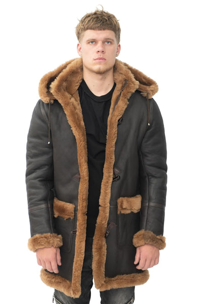 Mens Winter Sheepskin Hooded Duffle Coat-Isleworth