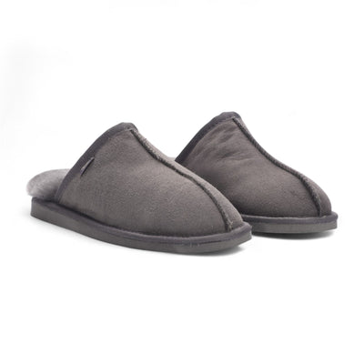 Men's Genuine Sheepskin Grey Suede Mule Winter Warm Non-Slip - Highland