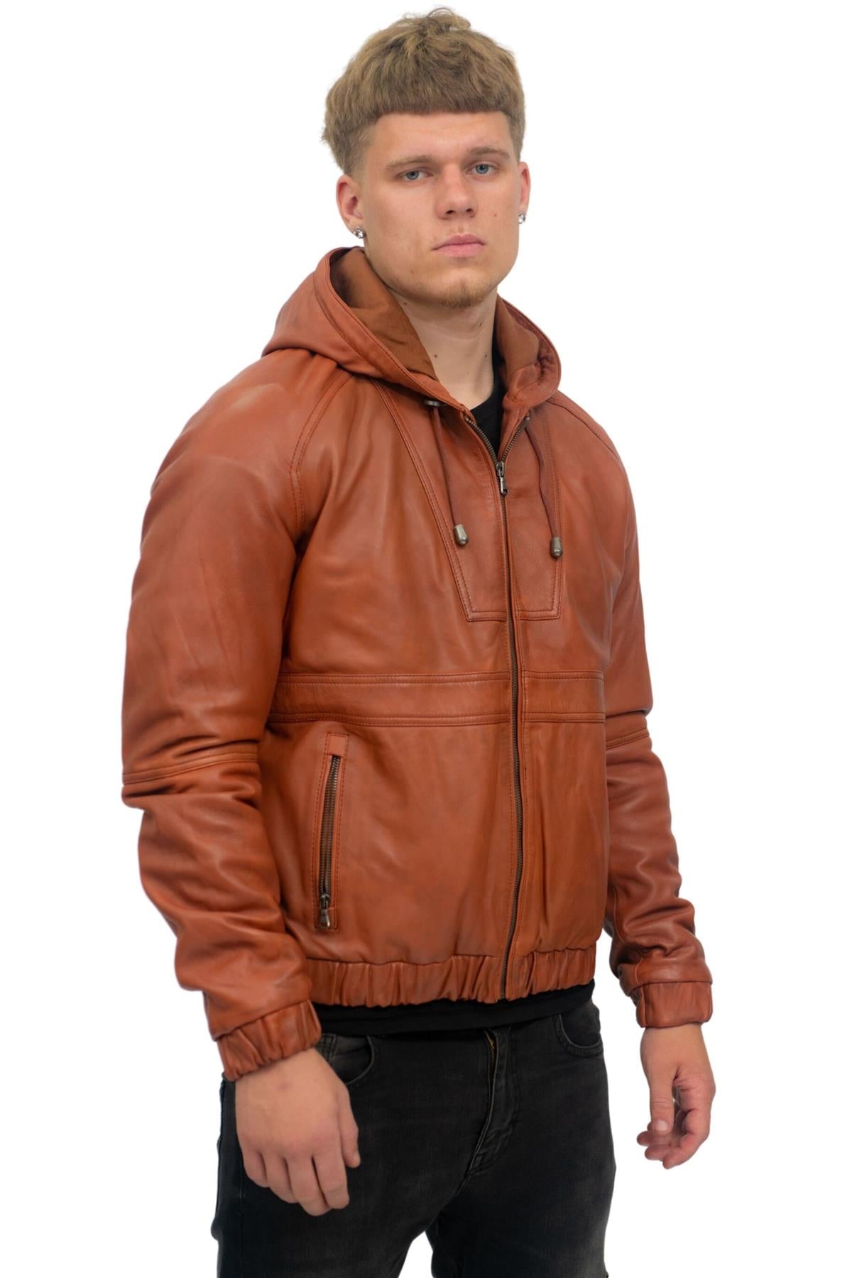 Men’s Casual Leather Hooded Bomber Jacket-Odesa