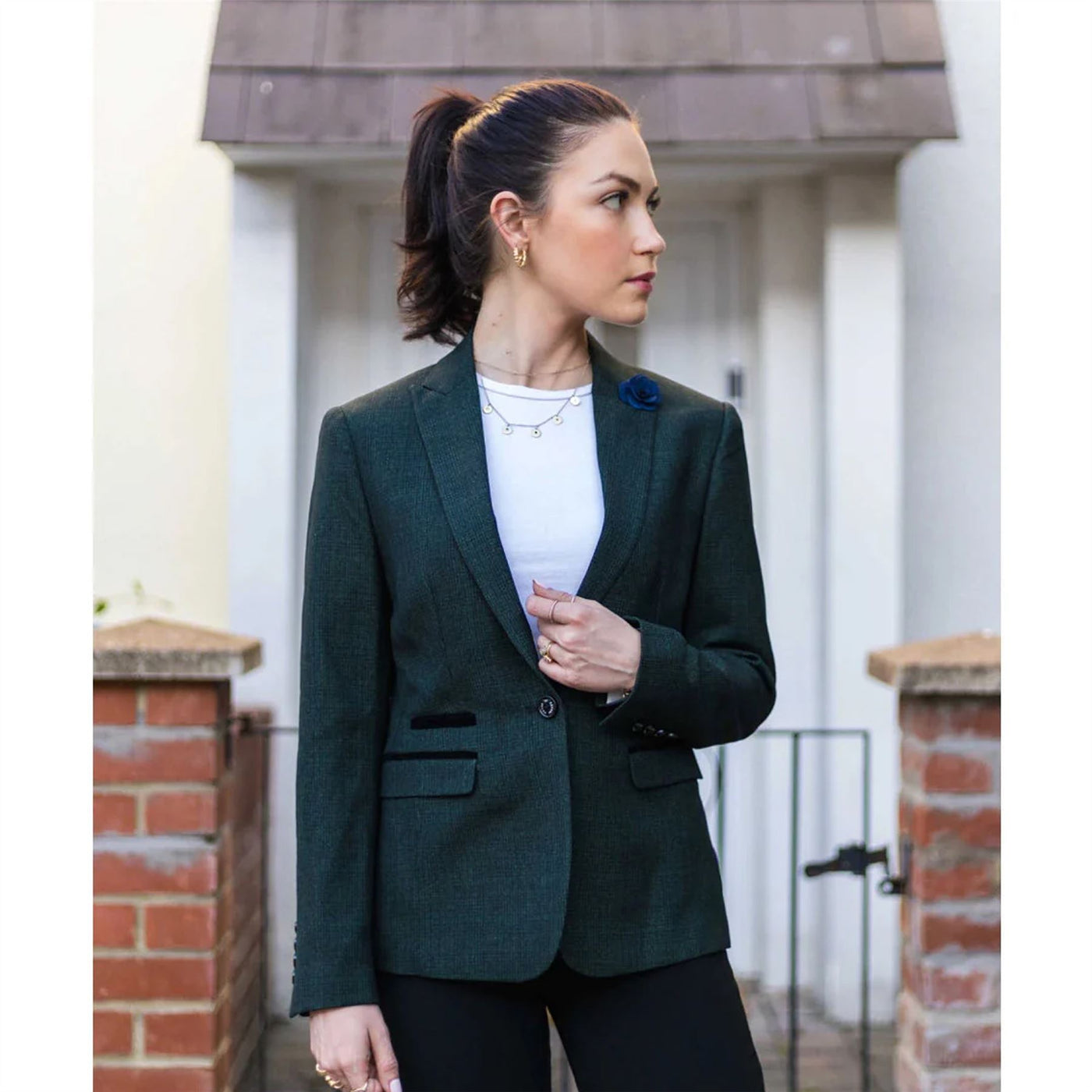 Women's Tweed Green Check Blazer Wool Classic Jacket
