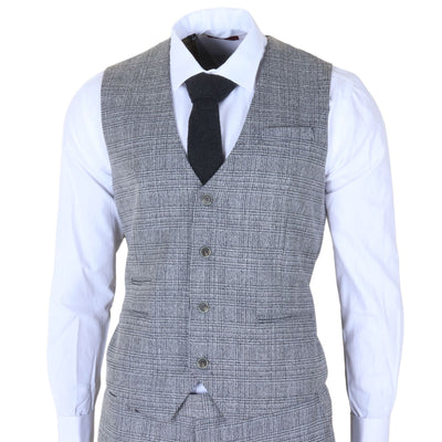 Men's 3-Piece Grey Classic Check Suit Slim Fit Plaid Formal Party Suit