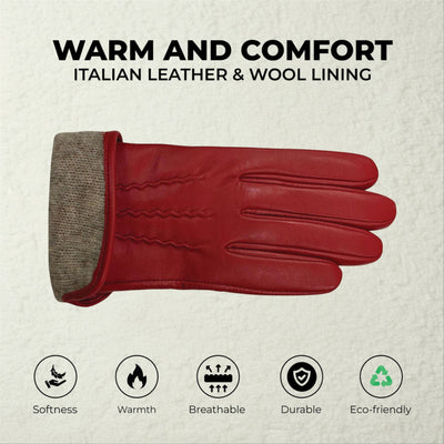 Womens Italian Leather Winter Stitch Line Design Soft Wool Lining Gloves - L-GLV-301