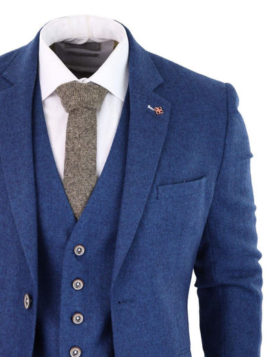 Mens 3 Piece Blue Tweed Wool Twill Vintage Classic Suit