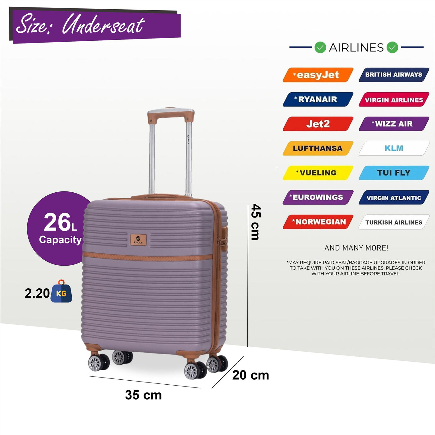 ABS Hardshell Underseat Cabin Suitcase 45 x 35 x 20 cm Luggage Suitable for Easyjet