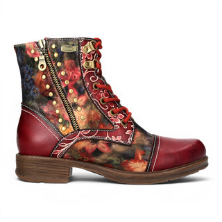 Laura Vita Women's Red Floral Victorian Leather Lace-up Ankle Boots - Anitao-10