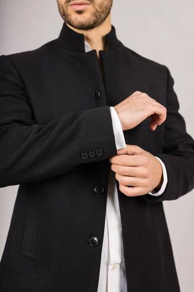 Men's Black Stand Collar Wool Blend Overcoat