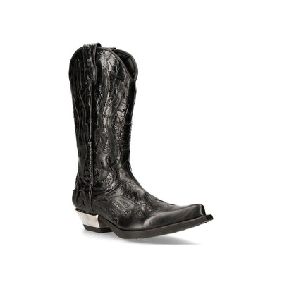 New Rock Flame Accented Black Leather Biker Cowboy Boots- M-7921-S1