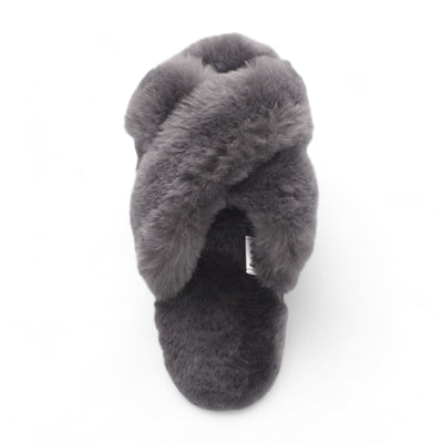 Women's Sheepskin Slippers Grey Warm Winter Fur Crossover - Snowbelle