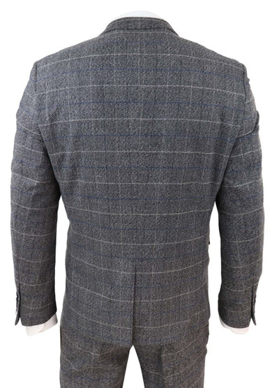 Mens 3 Piece Grey With Blue Check Vintage Classic Suit