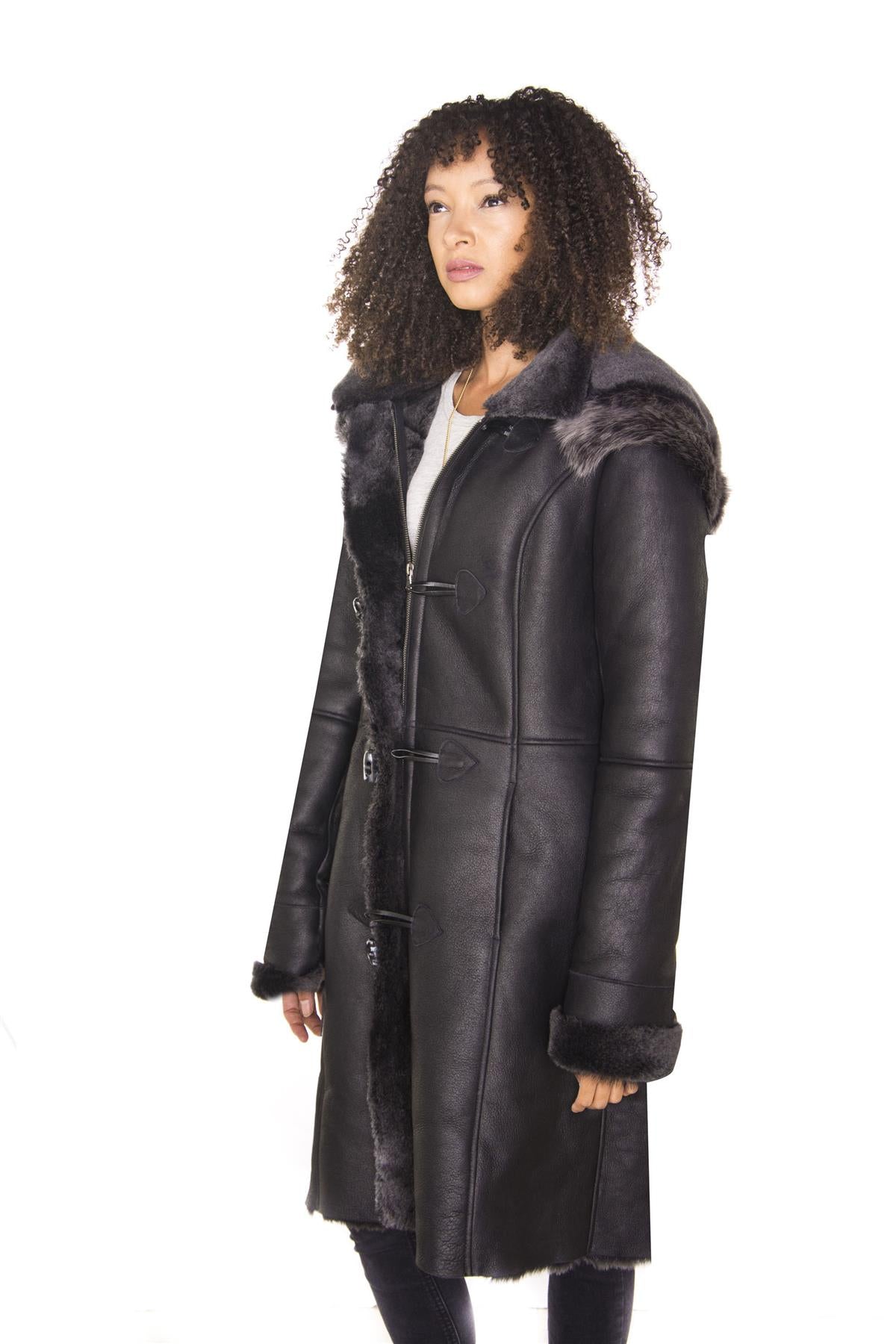 Womens Black Sheepskin Hooded Duffle Coat-Redhill