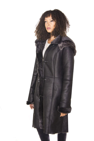 Womens Black Sheepskin Hooded Duffle Coat-Ottawa