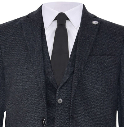 Men's 3 Piece Charcoal Grey Herringbone Tweed Suit