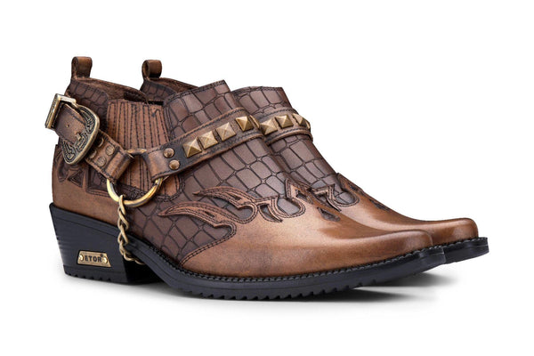 Men’S Tan Croc Leather Winklepicker Studded Western Biker Boots