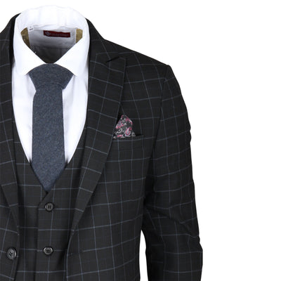 Men's Black Checked 3 Piece Suit Tailored Fit