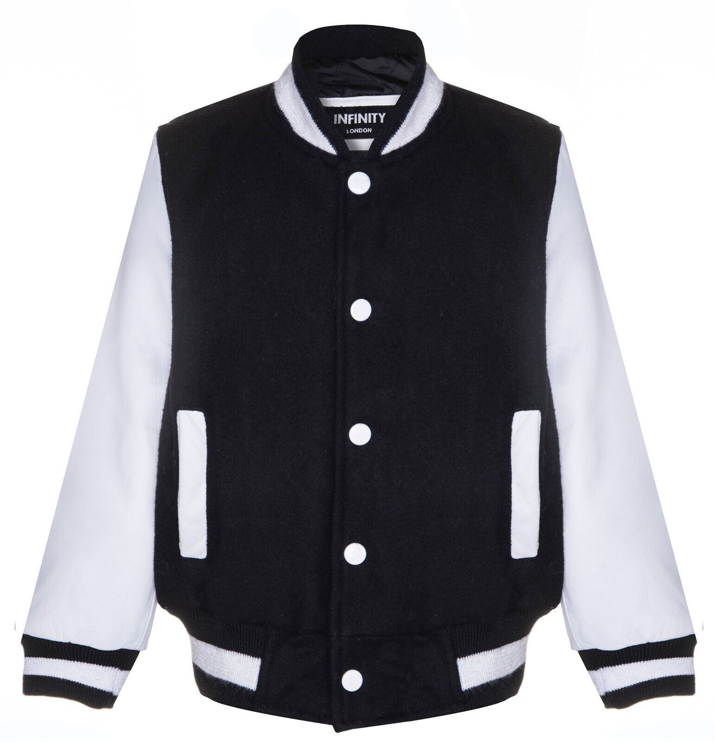 Kids Varsity Black & White Bomber Jacket with Real Leather Sleeves 3-13 yrs