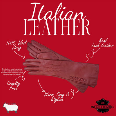 Womens Long Italian Leather Winter Button Design Soft Wool Lining Gloves - L-GLV-201