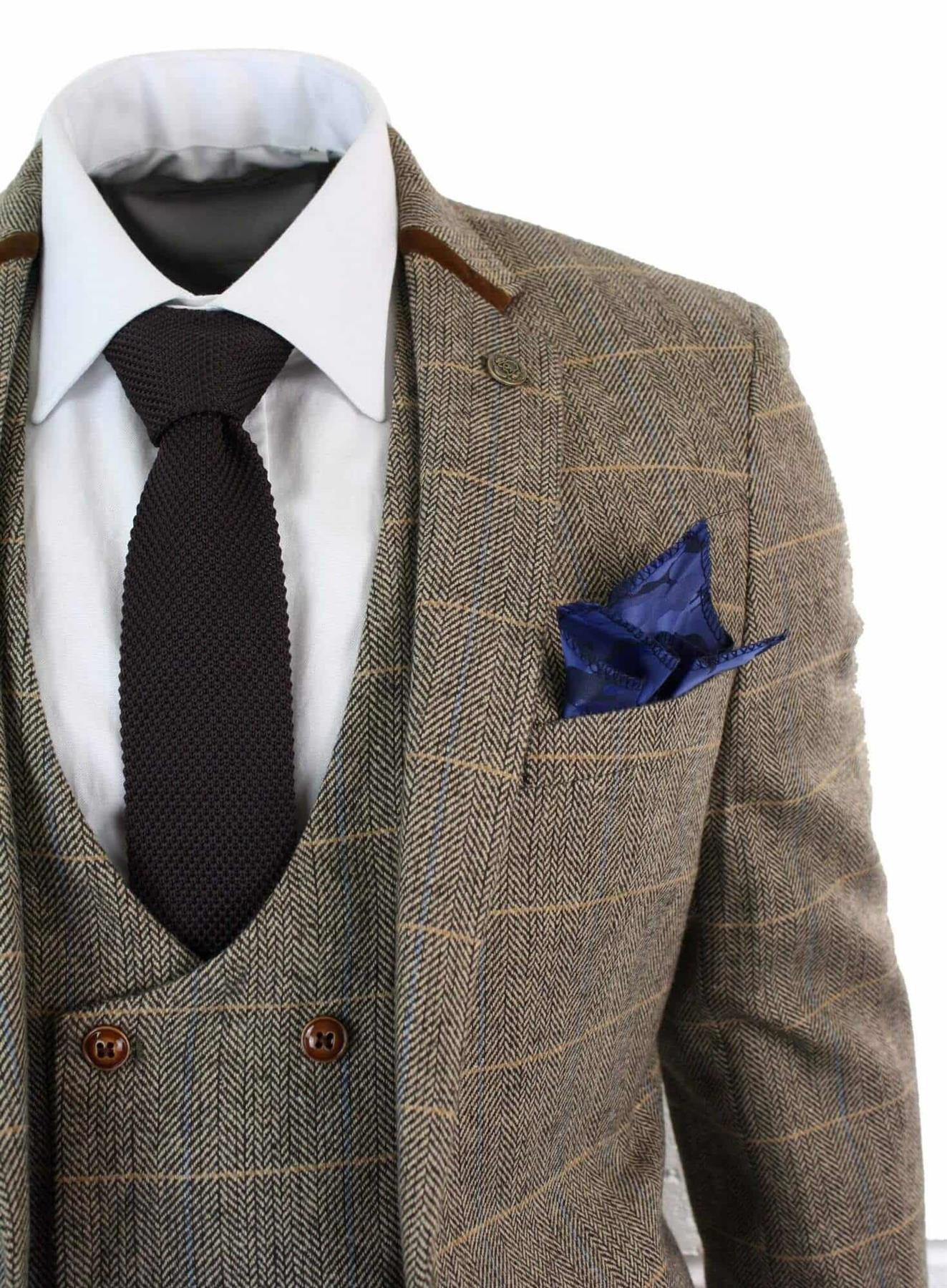 Mens 3 Piece Tan Herringbone Tweed Check Suit