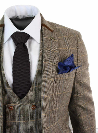 Mens 3 Piece Tan Herringbone Tweed Check Suit