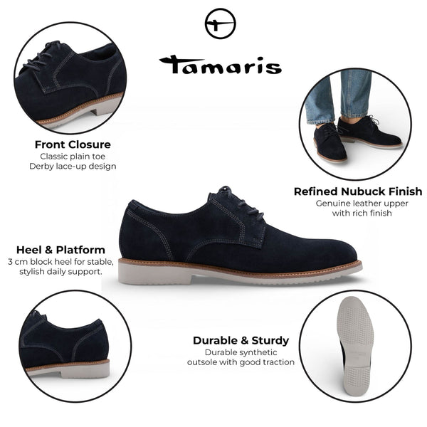 Tamaris Men's Navy Blue Suede Leather Plain Toe Smart Derby Shoes