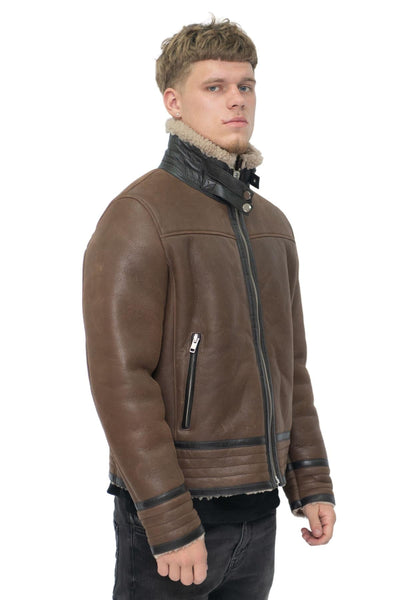 Mens Retro Pilot Sheepskin Leather Biker Jacket-Helmsley