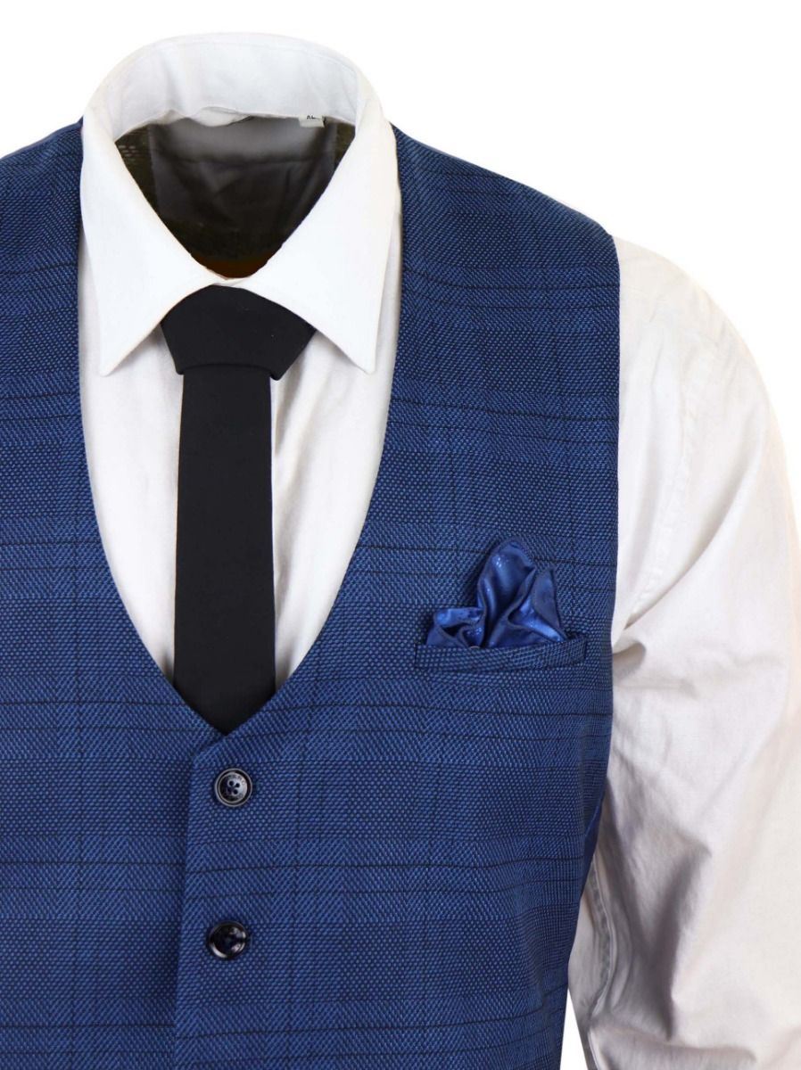 Mens 3 Piece Blue Birdseye Check Classic Suit