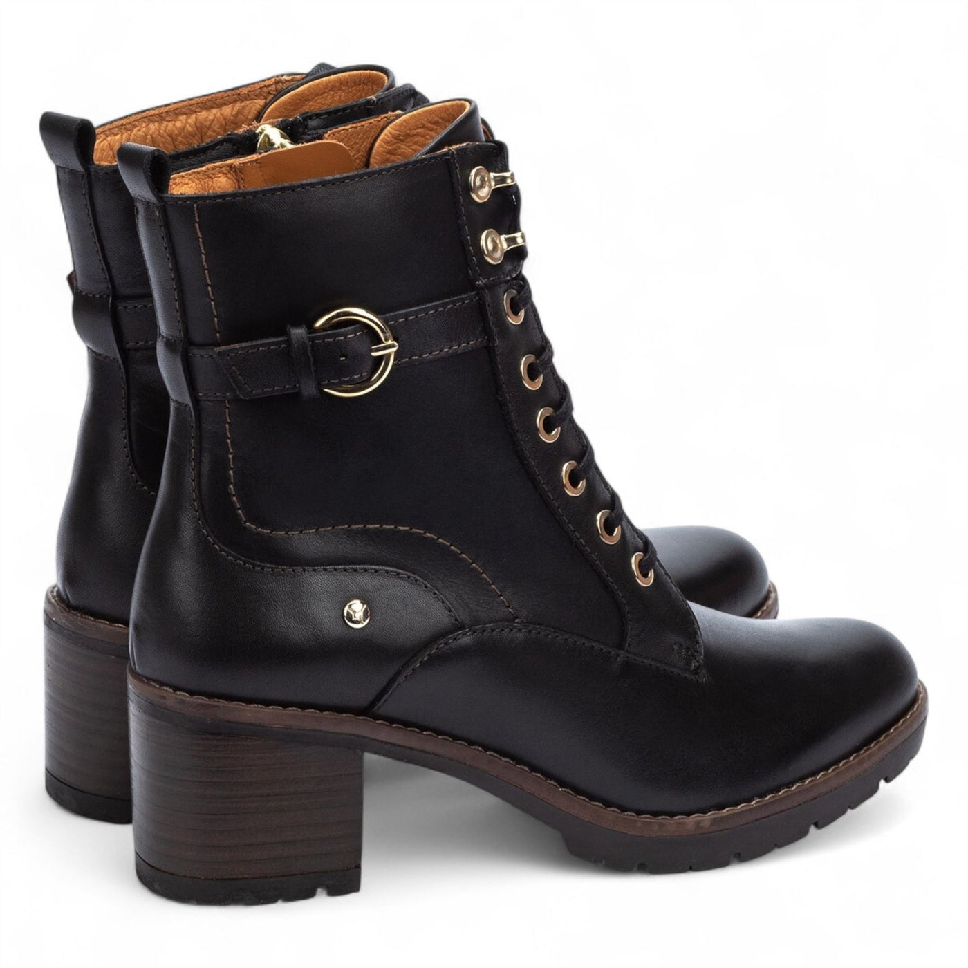 Pikolinos Women’s Black Leather Mid-Heel Combat Ankle Boots - Llanes