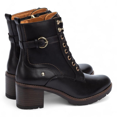 Pikolinos Women’s Black Leather Mid-Heel Combat Ankle Boots - Llanes