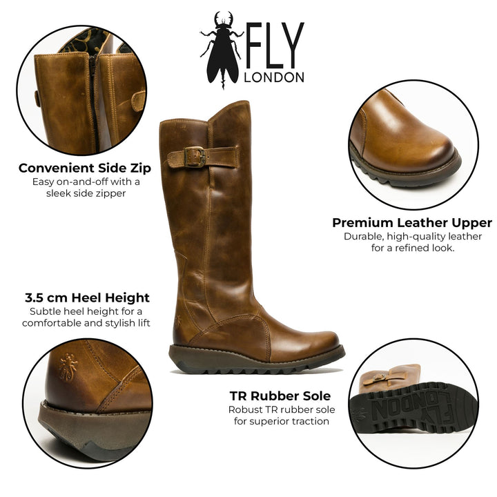Fly London Womens Camel Brown MOL 2 Leather Wedge Heel Knee High