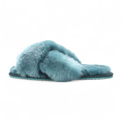 Women's Sheepskin Slippers Teal Warm Winter Fur Crossover - Snowbelle