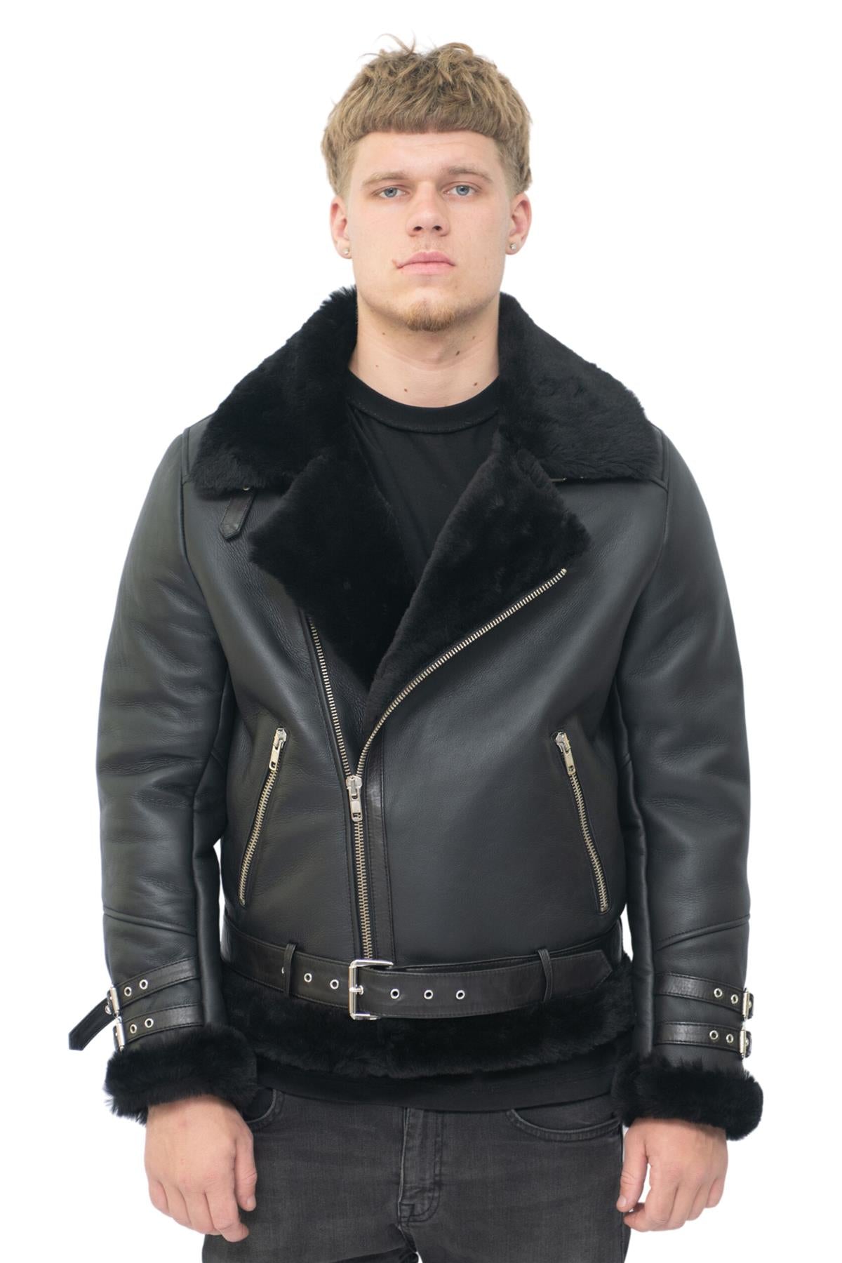 Mens Sheepskin Leather Biker Jacket-Hayle