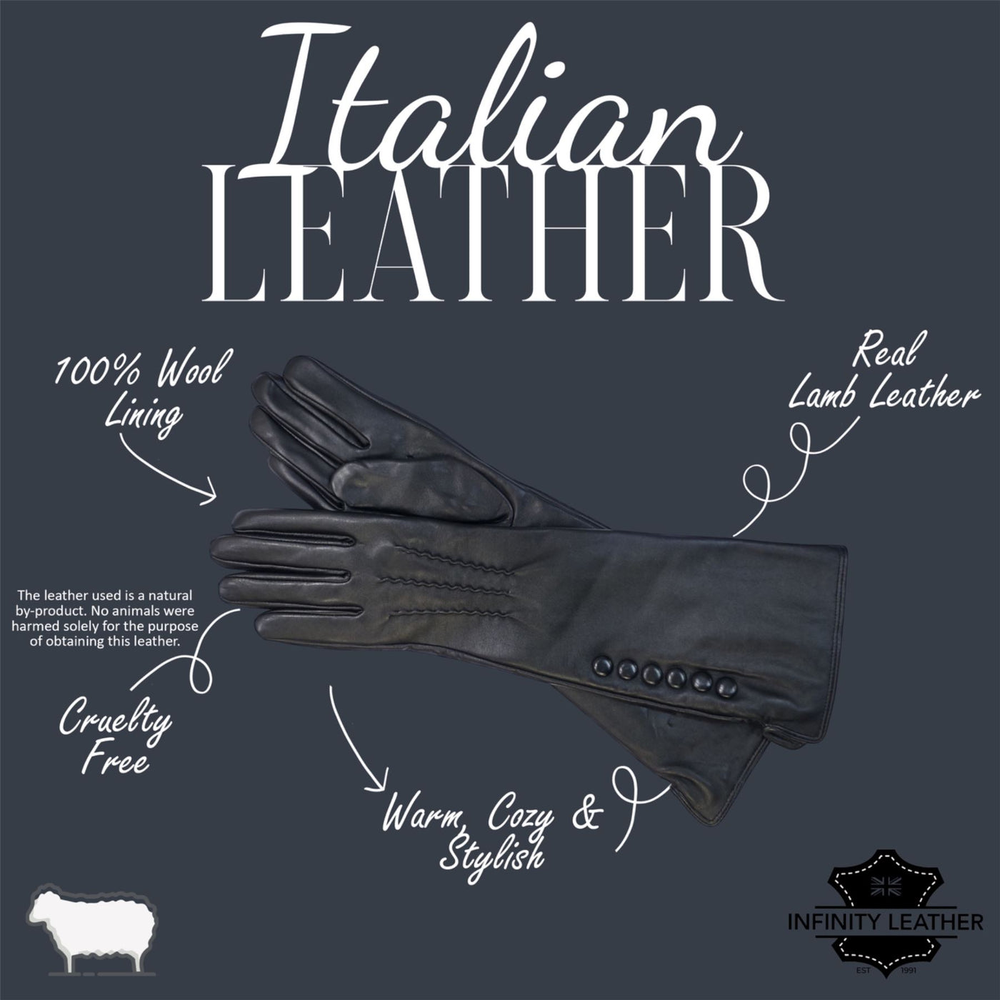 Womens Long Italian Leather Winter Button Design Soft Wool Lining Gloves - L-GLV-201