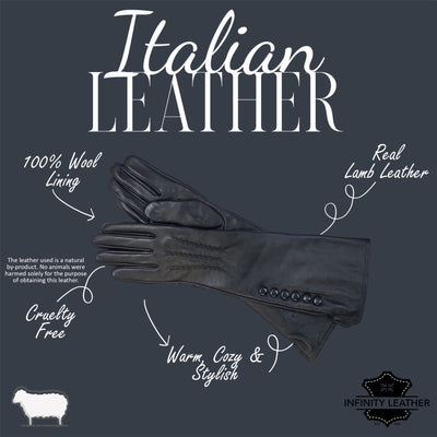 Womens Long Italian Leather Winter Button Design Soft Wool Lining Gloves - L-GLV-201