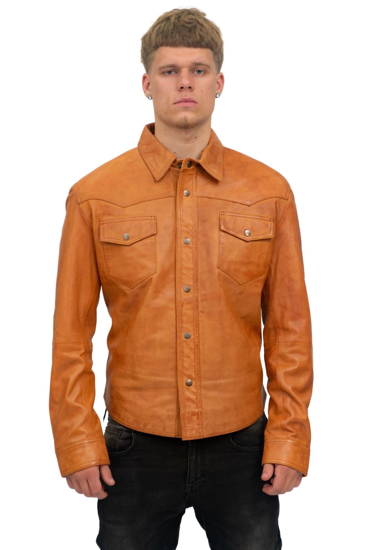 Mens Retro Leather Shirt Jeans Jacket-Beijing
