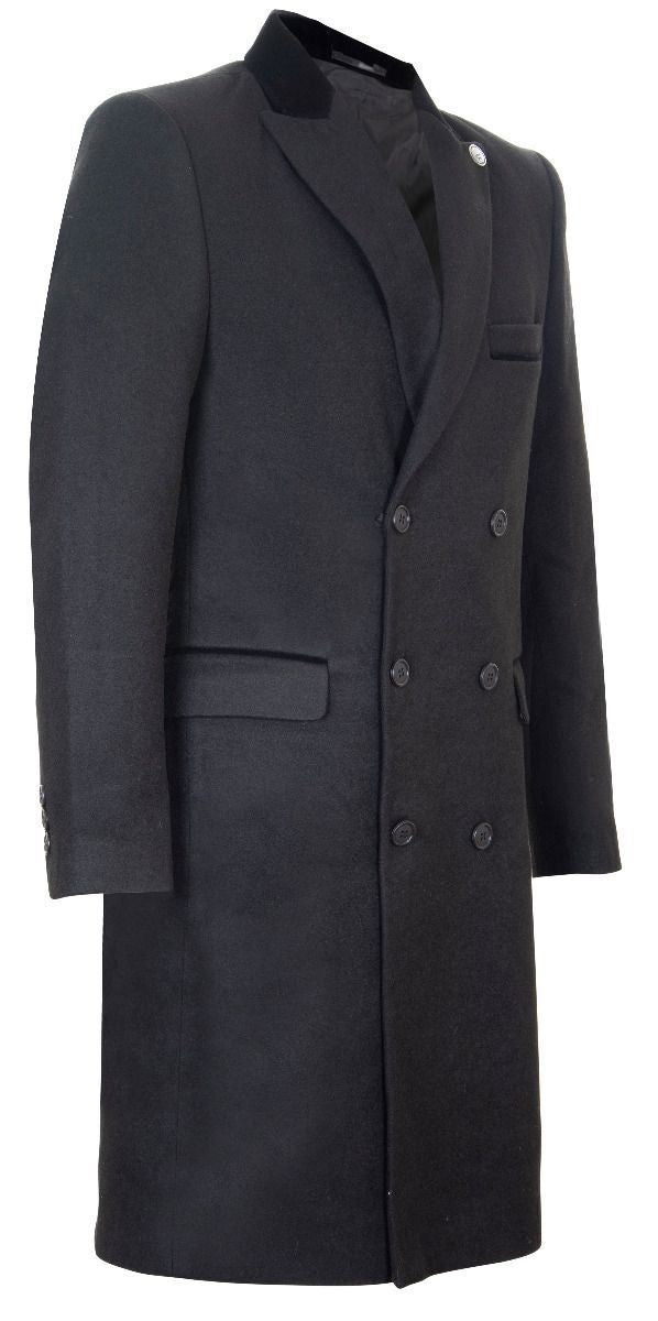 Mens 3/4 Black Long Double Breasted Crombie Overcoat Wool Coat