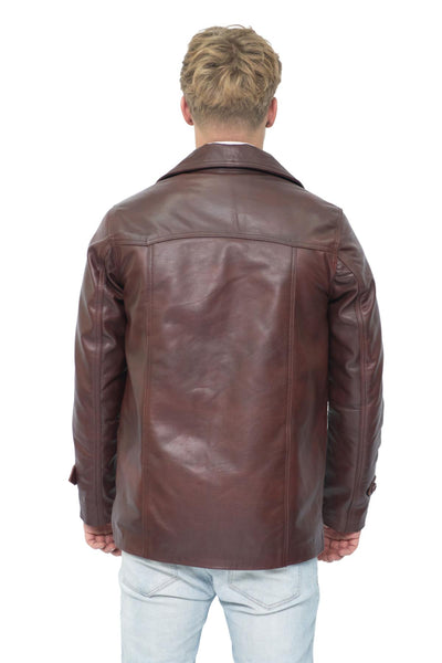 Men’s Brown Vintage Trench Style Crombie Leather Coat-Macau
