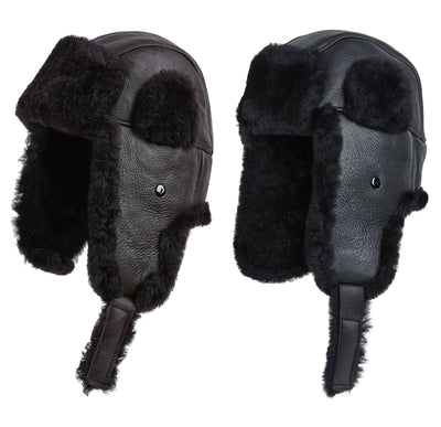 Mens RAF Aviator Sheepskin B-55 Trapper Hat Winter Warm Leather Navigator Hat