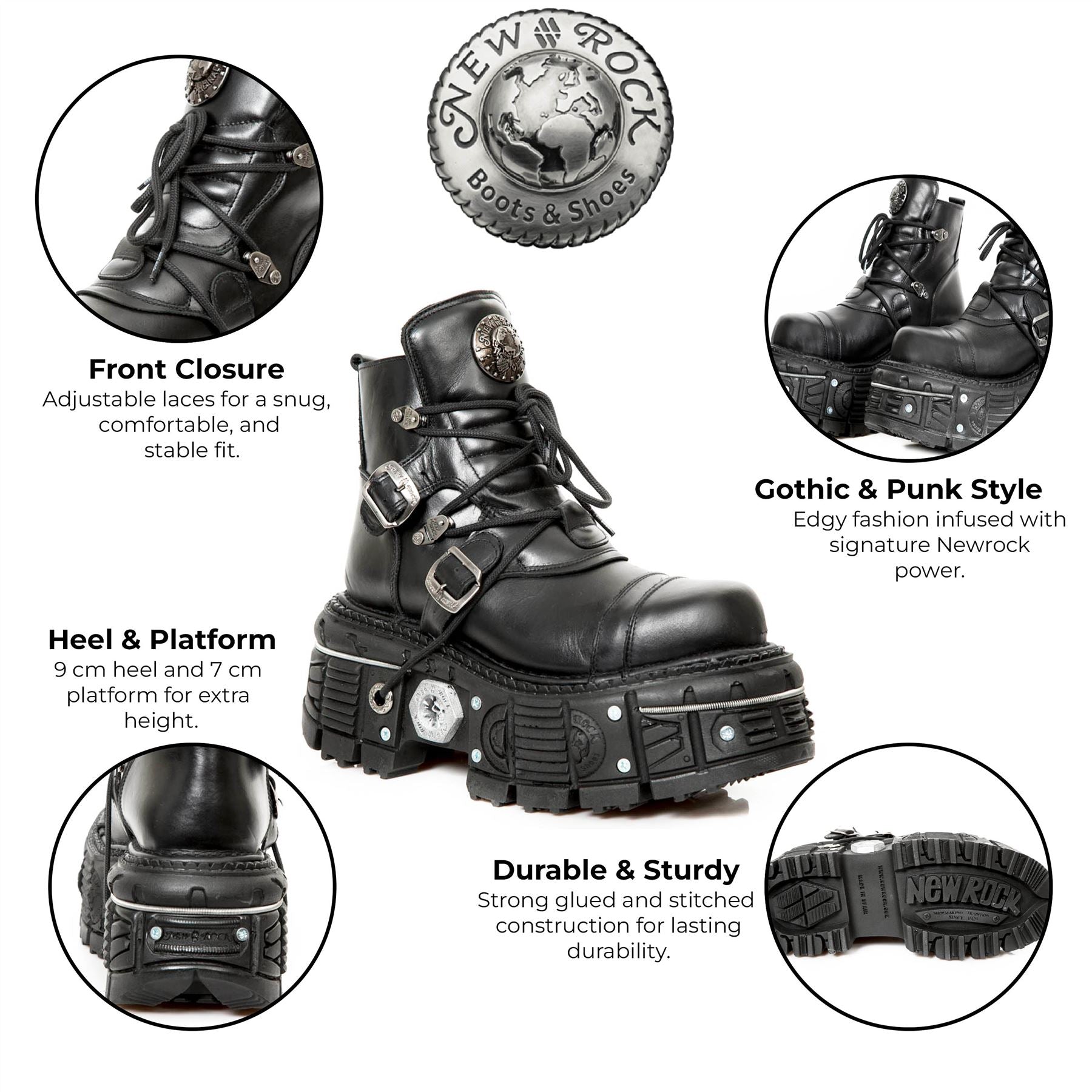 New Rock M-TANK007-S1 Black Leather Gothic Combat Platform Ankle Boots ...
