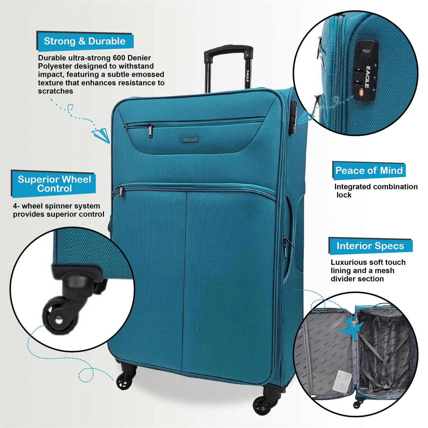 Lightweight Soft Cabin 4 Wheel Luggage Travel TSA Bag