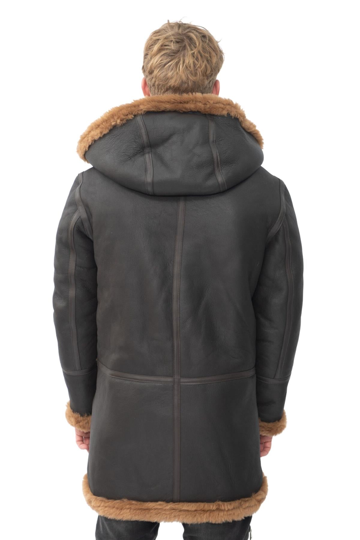 Mens Winter Sheepskin Hooded Duffle Coat-Isleworth