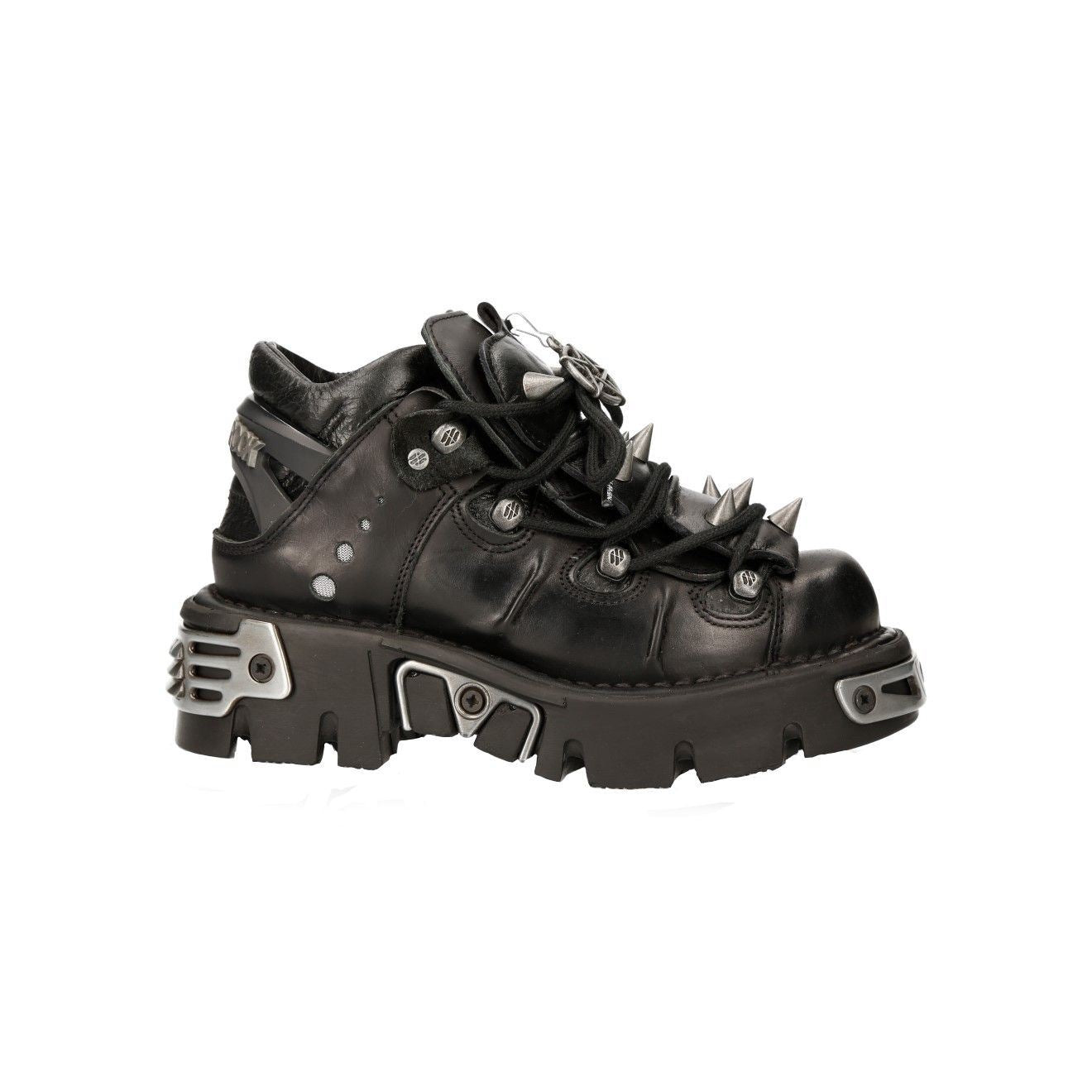 New Rock Black Leather Spiked Ankle Boots-110-S1