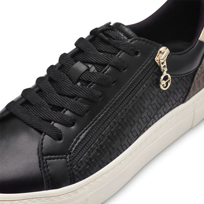 Tamaris Womens Black Gold Faux Leather Fashion Lace Up Sneakers