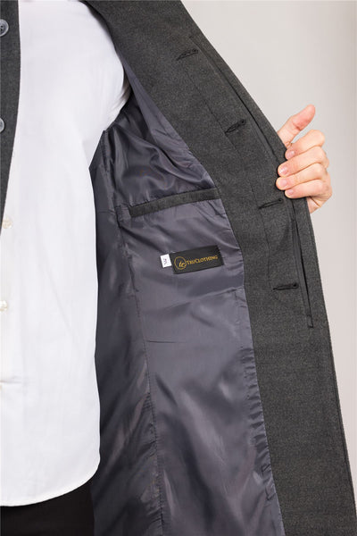 Men's Grey Stand Collar Wool Blend Overcoat
