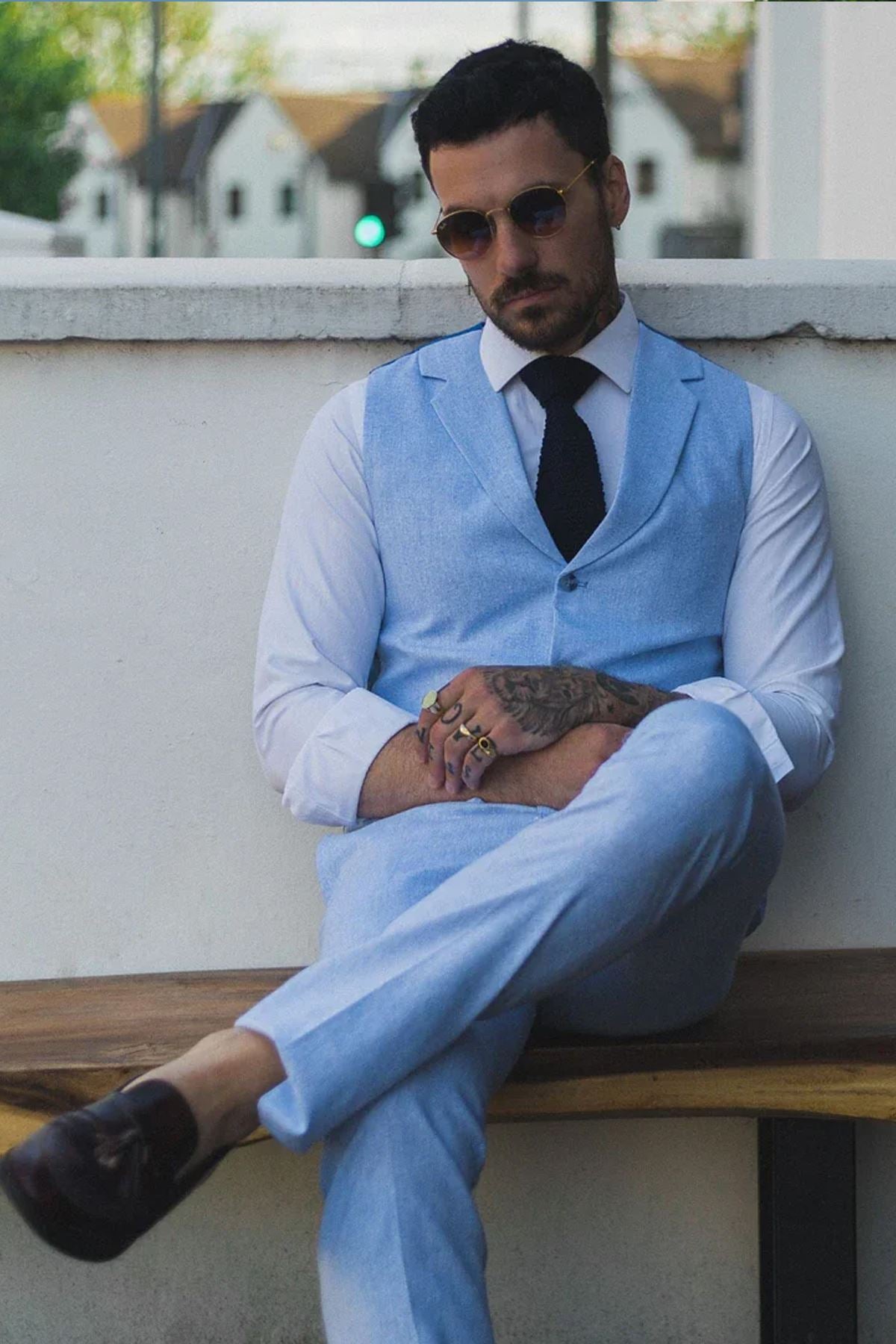 Men's Summer 2 Piece Suit Linen Formal Blue Waistcoat Trousers