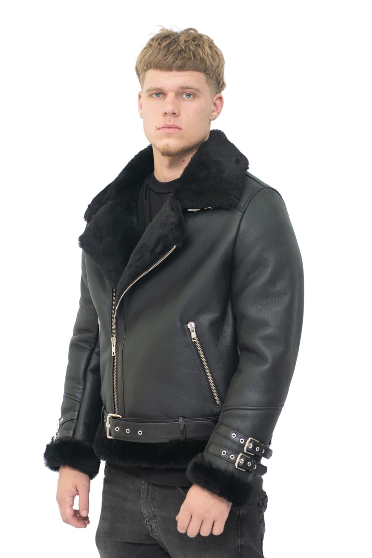 Mens Sheepskin Leather Biker Jacket-Hayle