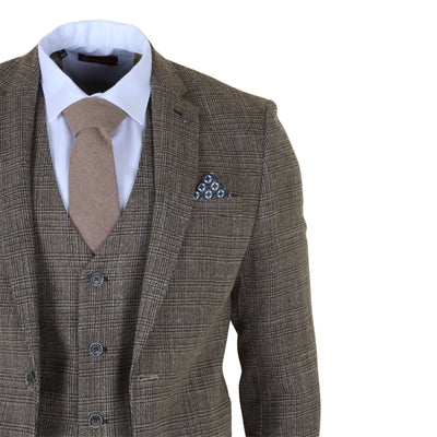 Men's 3-Piece Brown Classic Check Suit Slim Fit Plaid Formal Party Suit