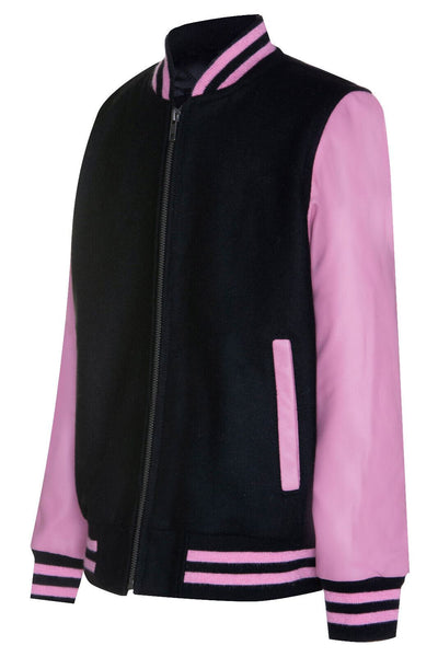 Kids Varsity Black & Pink Bomber Jacket with Real Leather Sleeves 3-13 yrs